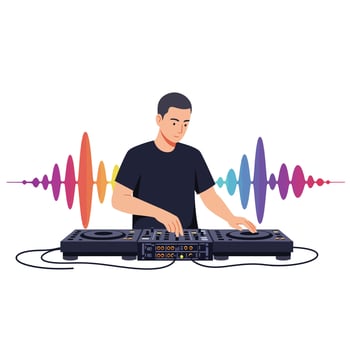 DJ mixing music with colorful sound waves in flat illustration vector