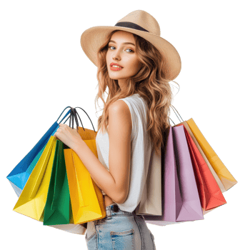 Young woman enjoying a shopping spree with colorful bags against a Transparent background, Young woman with shopping bags isolated on background png