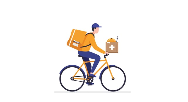 Delivery cyclist with orange backpack in flat illustration style vector