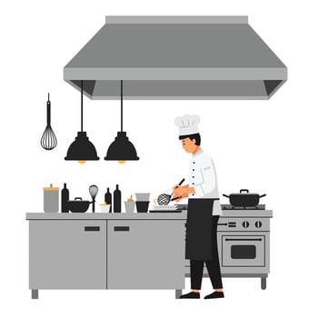 Chef preparing meal in modern kitchen with minimal design art vector