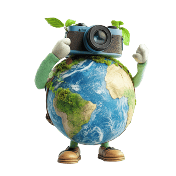 Globetrotting Earth character explores the world with a camera, showcasing love for travel and nature, Globetrotting Earth Character with Camera Travel Concept on white background png