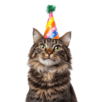 Happy cat wearing a colorful birthday hat with a playful expression against a white background, happy cat with birthday hat isolated on white background png