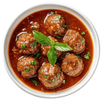 Savory meatballs in rich gravy served in a bowl on a Transparent background, Meatball and gravy isolated on background png