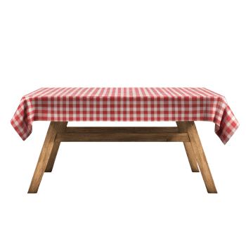 Picnic table adorned with red checkered tablecloth ready for outdoor gathering in a sunny park setting, Picnic Table with Red Checkered Tablecloth on Transparent background png