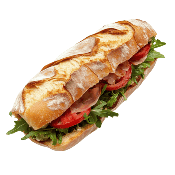 Delicious ciabatta sandwich filled with fresh vegetables and ham isolated on white background with gigapixel quality, Ciabatta sandwich isolated on white background png