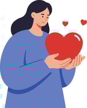 Woman holding a red heart in a flat and colorful art vector