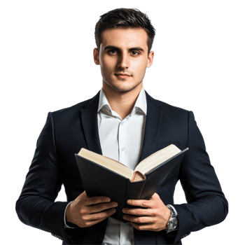 Young businessman in suit holding a book with a neutral background in a professional setting, Young businessman in suit with book on background Transparent background png
