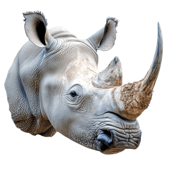 Close up view of a rhinoceros face with distinctive features against a Transparent background, rhinocero face shot isolated on background png