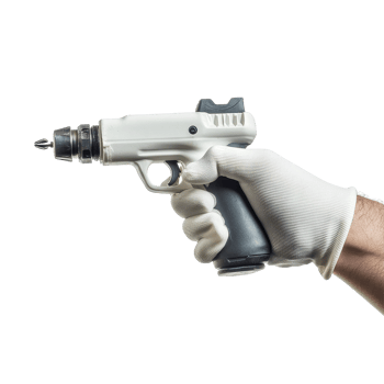 White gloved hand operates a rivet gun for metal assembly in industrial setting, Photograph white gloved hand holding a rivet gun isolated on Transparent background png