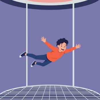 A joyful child with curly hair soaring in a wind tunnel while wearing a bright orange shirt, engaging in a thrilling indoor skydiving experience depicted in flat art vector