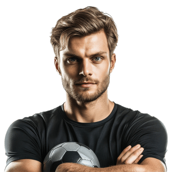 Young sporty man confidently posing with a soccer ball on a Transparent background, Portrait young handsome sporty man with ball isolated on background png