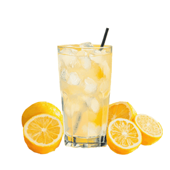Refreshing ice cold lemonade served in a tall glass surrounded by fresh lemons on a bright yellow background, Ice Cold Lemonade png