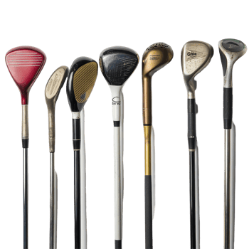 Variety of golf clubs displayed against a clean Transparent background showcasing equipment for different playing styles, Different Golf Clubs png