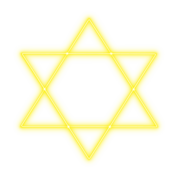 Yellow neon six-pointed star of david symbol with glowing intersecting triangles and hexagon center on transparent background png