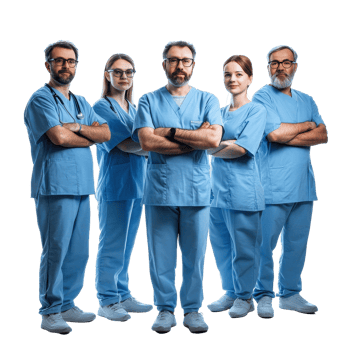 Confident medical team standing together in hospital attire isolated on Transparent background, Confident Medical team at hospital isolated on white png