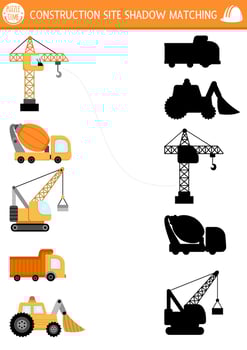 Construction site shadow matching activity with special transport, vehicles. Building works puzzle with lifting crane, truck, mixer. Find correct silhouette printable worksheet or game for kids vector