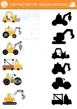 Construction site shadow matching activity with special transport, vehicles. Building works puzzle with roller, digger, excavator, bulldozer. Find correct silhouette printable worksheet or game vector