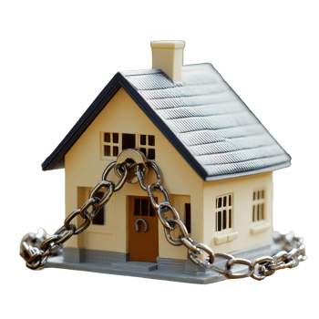 Real estate security concept featuring a miniature house locked with a chain, Real estate concept chain with lock around the home architectural model png