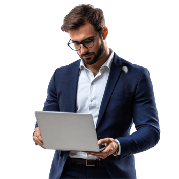 Handsome businessman working intently on laptop in a modern office environment with a professional demeanor, Portrait young handsome businessman using laptop isolated on Transparent background png