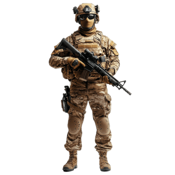 Fully geared soldier stands confidently holding a rifle against a white background with tactical equipment, Fully Geared Soldier Holding Rifle on white background png