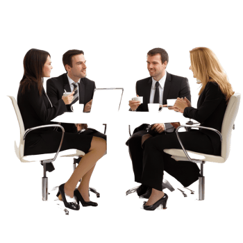 Business professionals engage in discussion around a table during a collaborative meeting, Group businesspeople talking near the table with laptop and cups, isolated on white png
