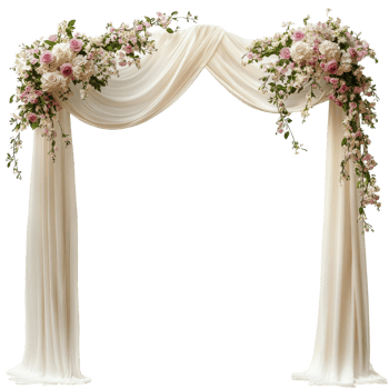 Elegant wedding arch adorned with spring flowers and soft drapery for outdoor ceremonies, Draped wedding arch with spring flowers and white fabric isolated on Transparent background png