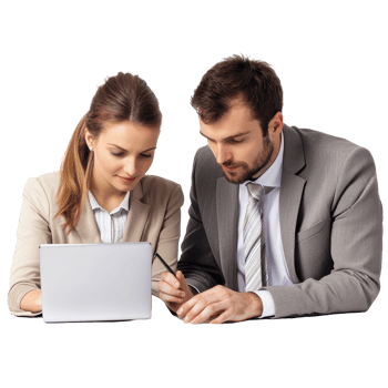 Business professionals analyzing data in modern office setting with laptop during work meeting, Business people making report with laptop isolated on white background png