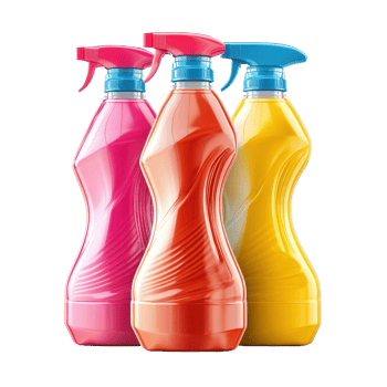 Colorful detergent bottles in vibrant shades of pink, orange, and yellow against a Transparent background, Three Colorful Bottles Detergent isolated on background png