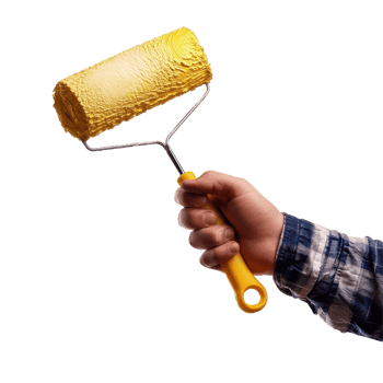 Painter holds a yellow paint roller against a clean Transparent background ready for work, Painter male hand hold paint roller, background png