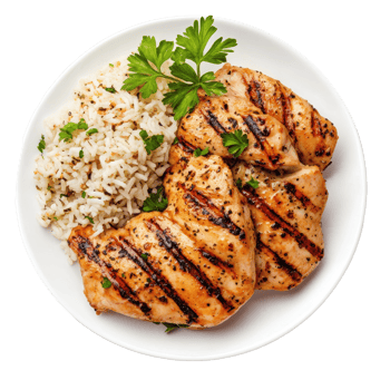 Grilled chicken served with seasoned rice on a clean white background for a fresh meal presentation, Grilled Chicken with Riceisolated on white background png