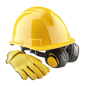 Bright yellow safety helmet paired with gloves and ear protection for construction sites and industrial work, Yellow Safety Helmet with Safety Gloves and Ear Protection Transparent background png