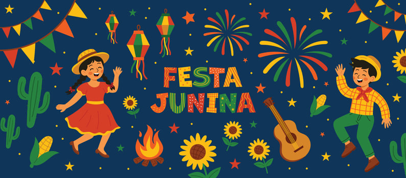 Festa Junina. Cute illustration of Brazilian Latin American festival. Dancing kids, guitar, garland, accordion, sunflowers, lanterns, corn, campfire and fireworks. Perfect for banner or poster. vector
