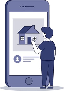 Person interacting with smartphone displaying house image in minimal flat art vector