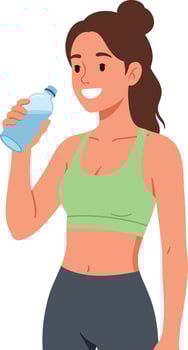 Fit woman in a green sports bra holding a water bottle in a flat illustration vector