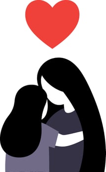 Two women embracing in a heartfelt moment, minimal design with a love symbol above, art vector