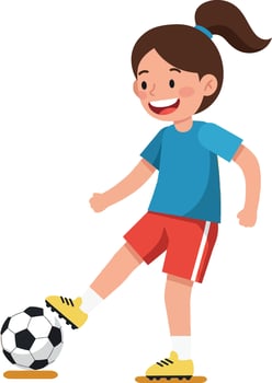 Young girl in blue shirt joyfully kicking a soccer ball in flat art vector