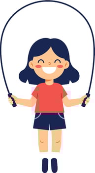 Happy girl jumping rope in playful attire showcasing flat illustration style vector