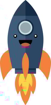 Happy cartoon rocket with expressive eyes and flames in a flat design art vector