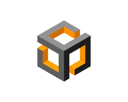 Abstract isometric cube design. Gray and orange geometric shapes create a modern, minimalist logo or graphic element. vector