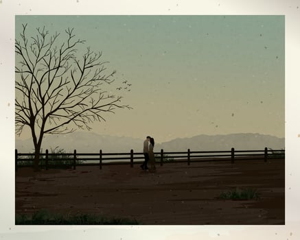 Old photograph of silhouette couple of lover kissing at the cliff in autumn season have mountain ranges and vanilla sky background graphic illustration. vector