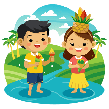 Kids celebrating festival by scenic river, cartoon style, vibrant environment, playful viewpoint, joyful ice cream moments png