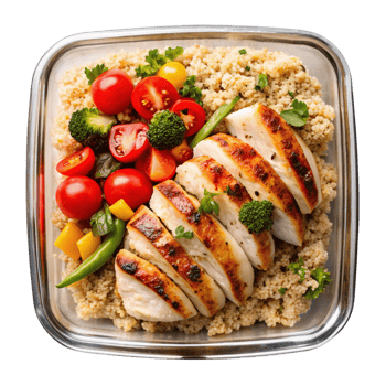 Delicious chicken meal prep container with quinoa and veggies home kitchen food photography bright natural lighting healthy lifestyle png