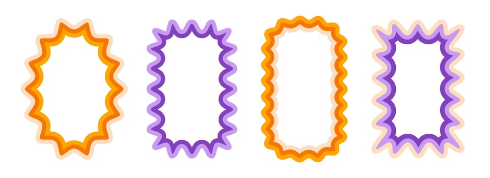 Retro wave pattern frame set. Scalloped rectangle and ellipse border collection. Wavy edge shapes in 80s style for decoration, text box, copy space, poster, banner. Vintage wiggly element pack vector