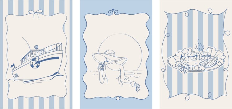 Set of posters in doodle style. Sea weekend or vacation at the sea. Boat,Sea, tranquility, dinner. Poster sketch in retro style. vector