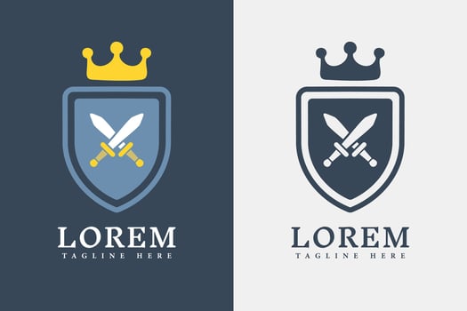 Two logo variations of a shield with crossed swords and crown. vector