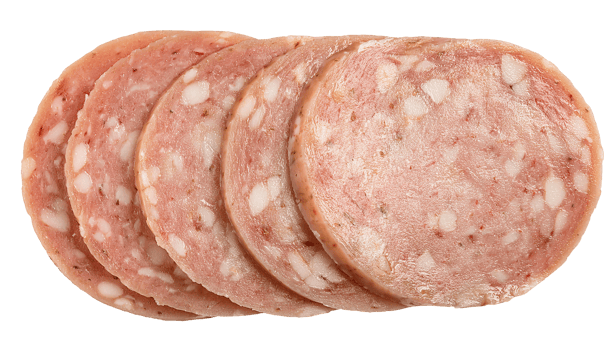 stacked slices of fermented sausage with visible meat and fat texture on isolated background for charcuterie and traditional deli food concept png