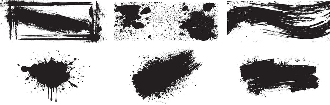 Abstract Grunge Brush Stroke and Ink Splatter Texture Set, Bold Black Paint Smear Elements vector