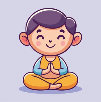 Cartoon Boy Meditating In Lotus Position For Relaxation And Mindfulness Training vector