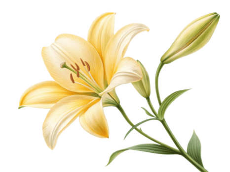 beautiful lily flower in soft yellow hues showcases delicate petals and vibrant green leaves, symbolizing elegance and grace png
