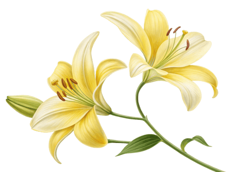 Beautiful yellow lilies bloom gracefully, showcasing their delicate petals and vibrant colors, perfect for adding elegance to any setting png